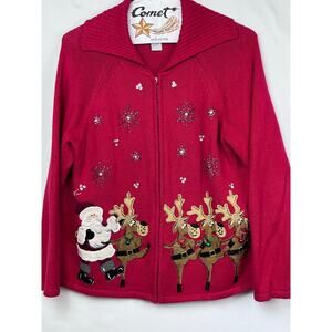 Tiara International Women's Large Red Christmas Reindeer Zip Front Cardigan